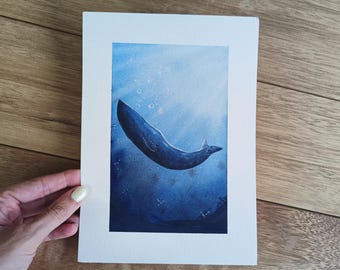 Original painting, under the sea, whale painting, watercolor whale, sea painting, blue painting, waterpainting, whale art