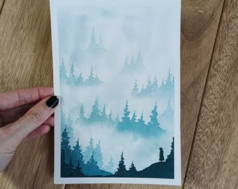 Original painting, watercolor forest, watercolor trees, misty forest painting, watercolor art, turquoise painting, landscape art