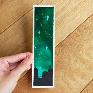 Watercolor bookmark, original watercolor painting, green bookmark, pretty bookmark, handpainted, galaxy painting, city painting