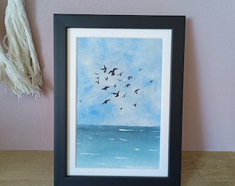 Original Gemälde, Aquarell Seelandschaft, Aquarell Vögel, blaue Malerei, Meer Malerei, beruhigende Aquarell Malerei, Meer Kunst, Vögel Malerei