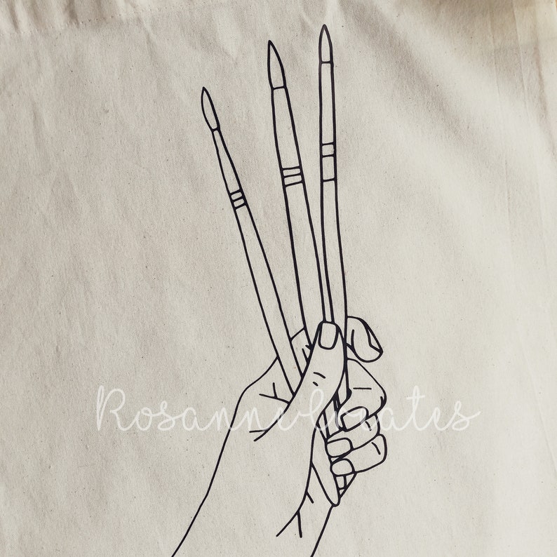 K&ouml;nnte beinhalten: Eine Hand h&auml;lt drei Pinsel, mit dem Text "Rosanne Creates" am unteren Rand des Bildes.