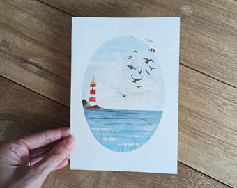 Original Gemälde, Aquarell Meer, Meer, Aquarell, Leuchtturm Kunst, Aquarell Leuchtturm, Aquarell Kinderzimmer
