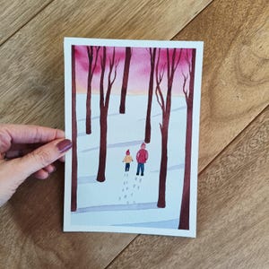 Watercolor snow forest, original painting, watercolor painting, landscape art, forest painting, snow landscape, hikers, snow art