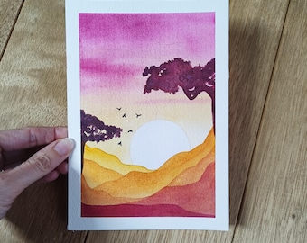 Original Painting, Sunset, Watercolor Sunset, Pink Painting