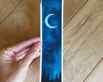 Watercolor bookmark, original watercolor painting, blue bookmark, pretty bookmark, handpainted, galaxy painting, moon painting