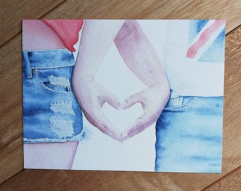 Amour, aquarelle originale, aquarelle originale, aquarel original, mains, aquarelle mains, amour, jeans, peinture à la main