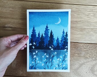 Original painting, watercolor flowers, watercolor trees, misty forest painting, watercolor art, forest art, landscape art