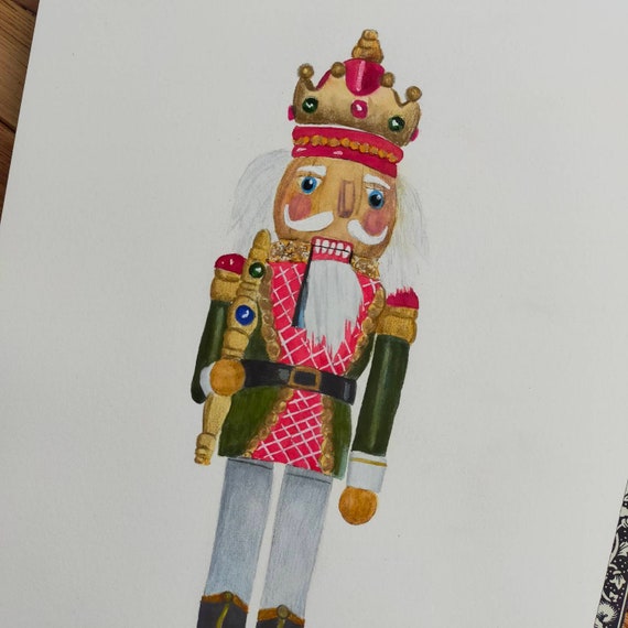 水彩画「クリスマス人形」 くるみ割り人形の絵画、オリジナルの水彩画、オリジナルの水彩画