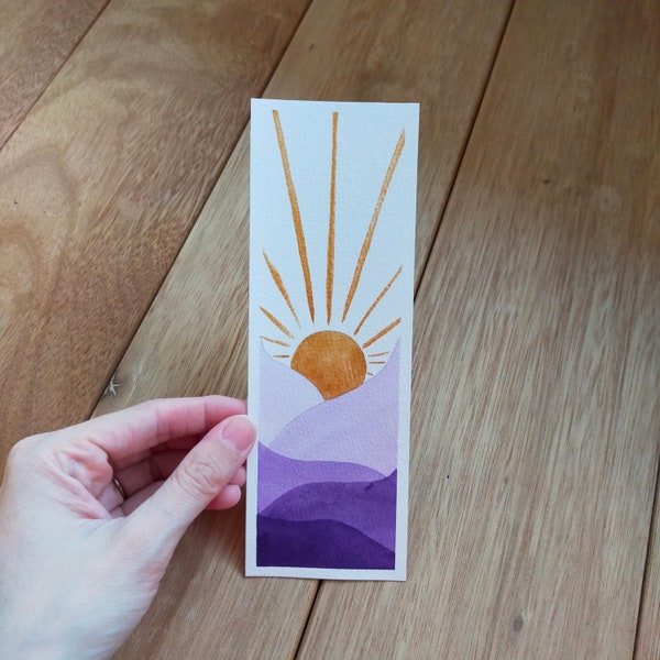 Watercolor bookmark, original watercolor painting, purple bookmark, pretty bookmark, boho bookmark, mountain painting, watercolor sunset