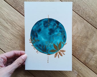 Original painting, gold watercolor, watercolor painting, watercolour, blue abstract watercolor, painting, abstract painting, boho watercolor