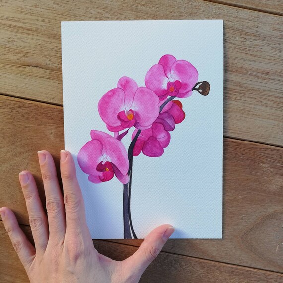 ピンクの蘭の絵画、オリジナルの水彩画、オリジナルの水彩画、蘭の