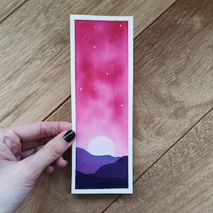 Watercolor bookmark, original watercolor painting, pink bookmark, pretty bookmark, handpainted, galaxy painting, mountain painting