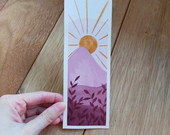 Watercolor bookmark, original watercolor painting, purple bookmark, pretty bookmark, boho bookmark, mountain painting, watercolor sunset