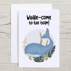 Whalecome aan de teamgroetkaart (gevouwen) met envelop, hand getrokken kaart, welkom bij het team, collega-kaart, dierenpuitingskaart, grappig