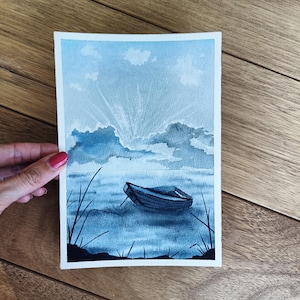 Original painting, watercolor seascape, watercolor boat, indigo painting, sea painting, calming watercolor painting, sea art, boat painting