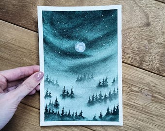Original painting, watercolor forest, watercolor trees, misty forest painting, forest art, green painting, landscape art, watercolor moon