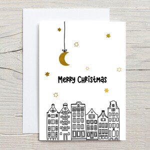 Bonita tarjeta de felicitación de Navidad (doblada) con sobre, tarjeta de felicitación dibujada a mano, tarjeta de casas de ámsterdam, tarjeta de Navidad dibujada a mano, casas del canal