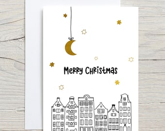 Leuke kerstgroetkaart (gevouwen) met envelop, handgetekende wenskaart, amsterdam huizen kaart, handgetekende kerstkaart, grachtenpanden