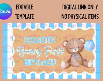 May include: A digital birthday template with a brown teddy bear, a blue balloon with the number 1, and the text "Colson's Beary First Birthday". The design includes blue and white stripes and a Canva logo.
