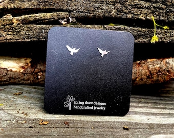 Tiny Sterling Silver Bird Silhouette Stud Earrings – Handmade Minimalist Jewelry