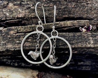Sterling Silver Bird & Circle Drop Earrings – Handmade Sand-Cast Bird Charm on Chain