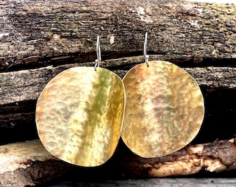 Hammered Brass Round Earrings with Handmade Sterling Silver Ear Wires – Lightweight Artisan Jewelry