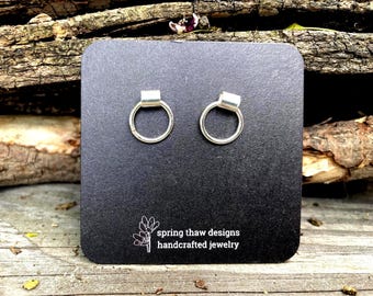 Handmade Sterling Silver Circle Drop Stud Earrings – Minimalist Modern Design