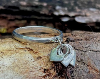 Sterling Silver Dangling Hearts Ring | Handmade Unique Dainty Charm Ring | Minimalist Heart Jewelry