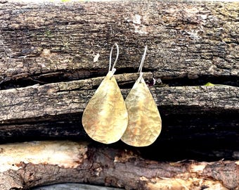 Hammered Brass Teardrop Earrings with Handmade Sterling Silver Ear Wires – Lightweight Artisan Jewelry