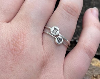 Hand Stamped Sterling Silver Stacking Rings – Initial, Heart & Flower Minimal Jewelry