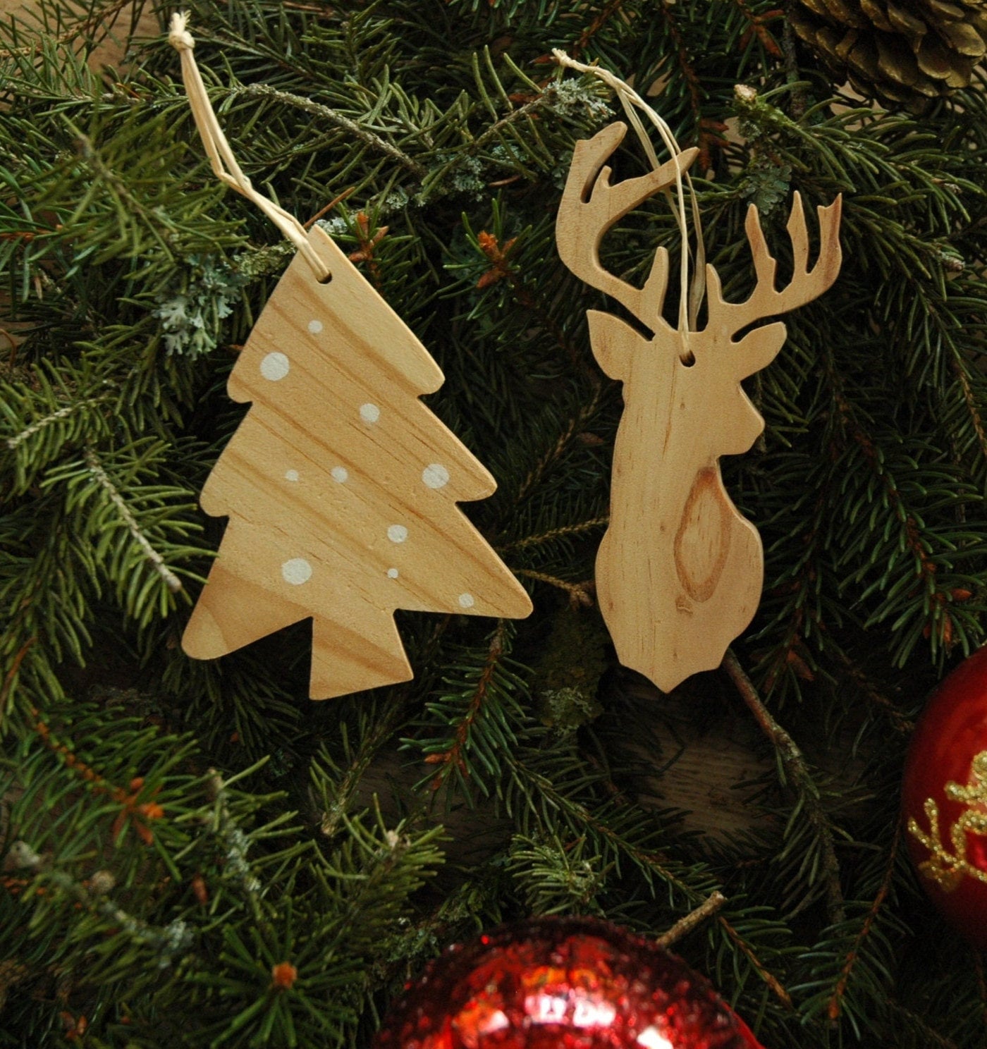 Lot de 2 Décorations Noël en Bois Massif à Suspendre