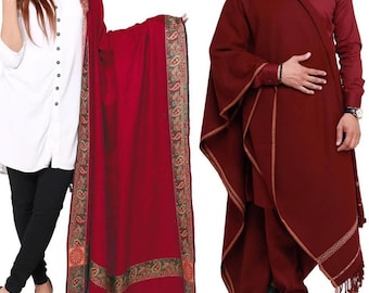 Pack of 2 Couple Winter Shawls , Peshawari Dhusa for him and Kashmiri Kanni Palla Shawl for her Elegant Maroon Color,Best for Wedding party