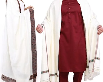 Pack of 2 Couple Winter Shawls , Peshawari Dhusa for him and Kashmiri Kanni Palla Shawl for her Elegant White Color Pakistani Afghan Shawls