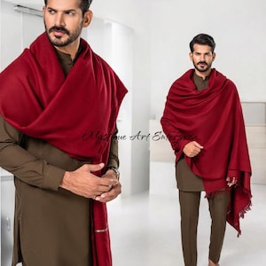 Men Winter Wool shawl Premium Handmade Pure Wool Shawl Swati Kashgari Dhussa Shawl, Afgani Patu, maroon color, Light weight Chitrali shawl