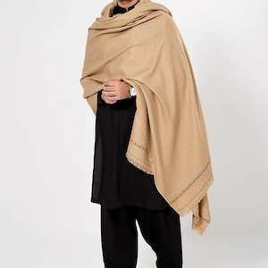 Premium Handmade Pure Kashmiri Men Wool Shawl Swati Kashgari Dhussa Shawl, Afgani Patu, Camel color, Light weight Men&#39;s Winter Wool shawl