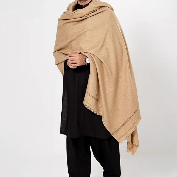 Châle premium fait main en pure laine Swati Kashgari Dhussa, Afgani Patu, couleur camel, châle léger en laine d'hiver pour hommes Chitrali Pakol