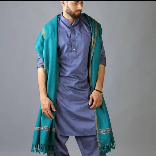 Handmade pakol chitrali shawl for men winter shawl from Pakistan Turquoise Pure Acro-Woolen Dhussa Shawl Men's Woolen Shawl, Afghan Patu