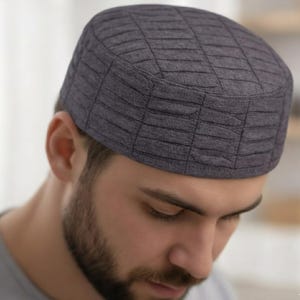 Men’s Textured Kufi Cap | Islamic Prayer Hat | Soft Cotton Muslim Skull Cap | Navy, Blue & Grey