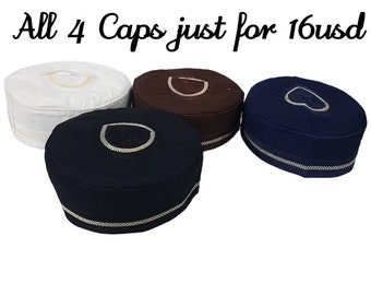 Pack of 4 Kufi caps, Namaz Cap, Muslim Hat, Prayer Caps Cloth Contrasting Kufi skull cap Takke Bokies Prayer Cap / Namaz Topi