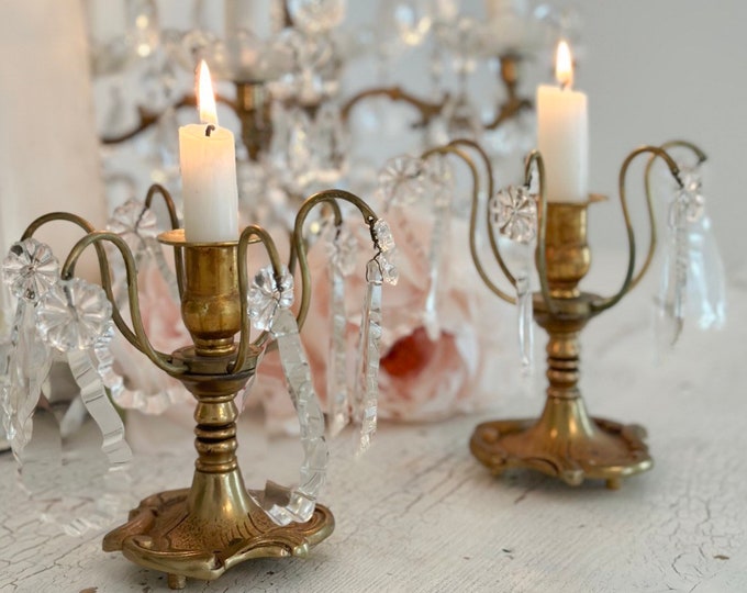French Antique Candelabras Pair Crystals Etsy