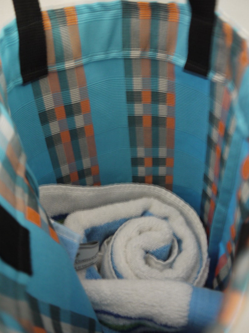 Black Handles Blue with Three Colored Stripes tote bag