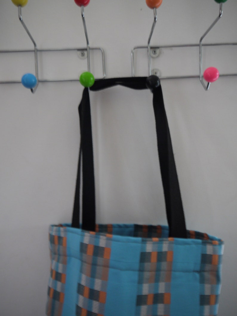 Black Handles Blue with Three Colored Stripes tote bag