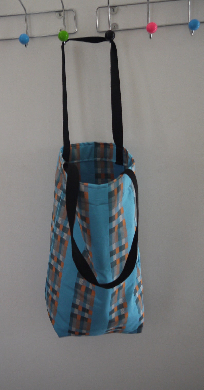 Black Handles Blue with Three Colored Stripes tote bag