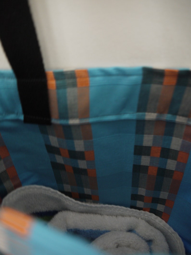 Black Handles Blue with Three Colored Stripes tote bag