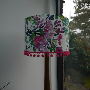 Bright pink and green floral 30cm Drum Lampshade with pink pom pom Trim