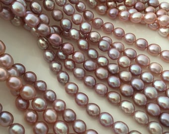 Lavender purple rice pearl strand, 6.5-7.5mm natural color pink pearls, high luster freshwater pearl strand.