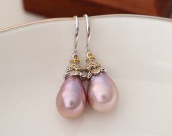 Pearl earrings, pink Edison pearl earrings, pearl jewelry gift, 925 sterling silver earrings.