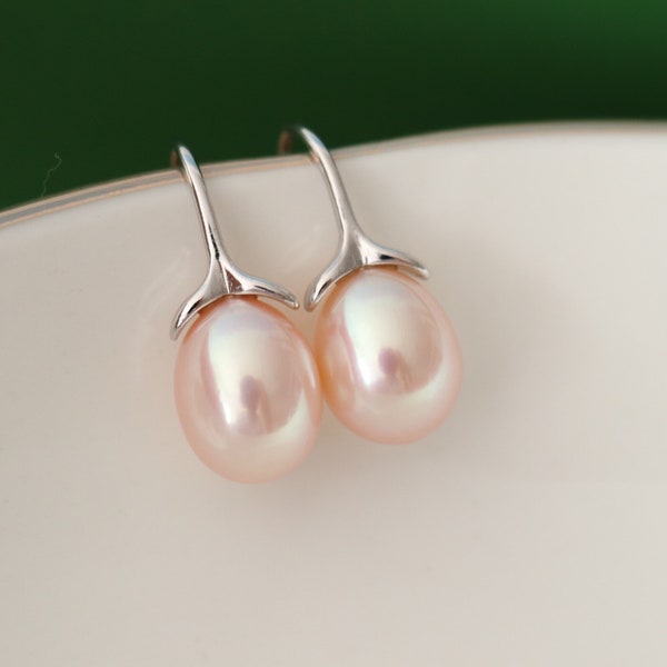 Light Pink Pearl Earrings, 925 Sterling Silver Hook Earrings.