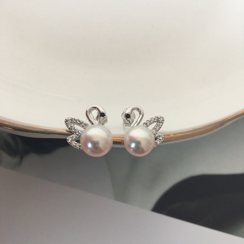 Pearl Earrings Swan Earrings White Pearl earrings Pearl jewelry Earring studs Bride gift Freshwater pearl high luster Good quality Jewelry