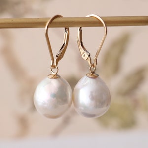 Pearl earrings, white Edison pearl earrings, 14K gold filled leverback earrings.